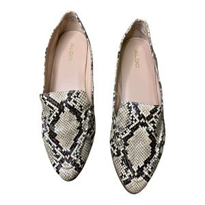 Aldo Snake Print Pointed Toe Loafer Flats Black Cream Neutral